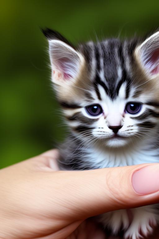 It shows a small, digitally created kitten sitting in the palm of a hand. The kitten has large and expressive eyes, and its fur is detailed with a mix of light and dark colors. Its paws are visible, and it is looking directly at the viewer. The hand holding the kitten is very detailed, showing the texture of the skin. The background is blurred out to focus attention on the kitten and the hand